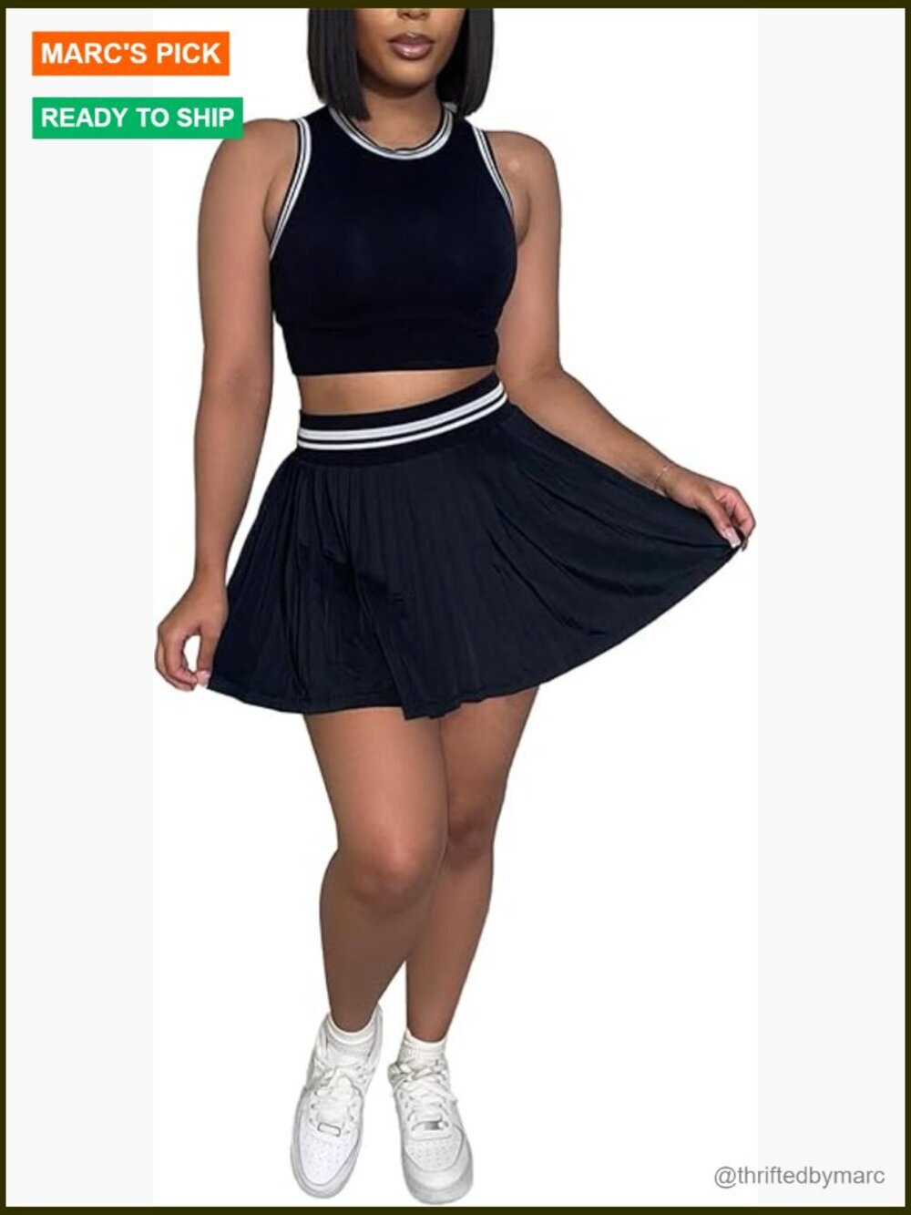 High Waisted Pleated Tennis Skirt Set with Tank Top and Built-In Shorts